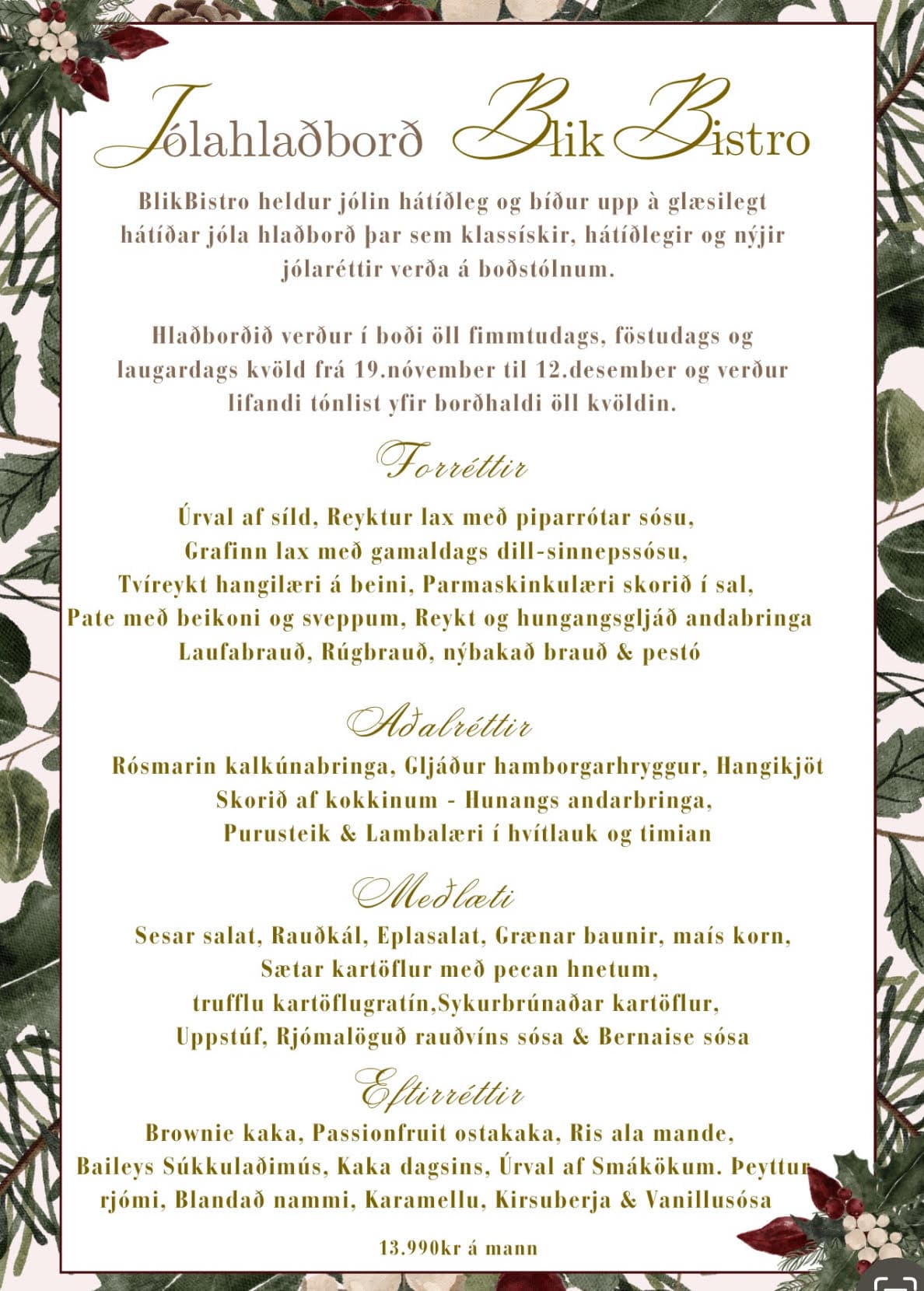 Matseðill jólahlaðborðs Blik Bistro 2026